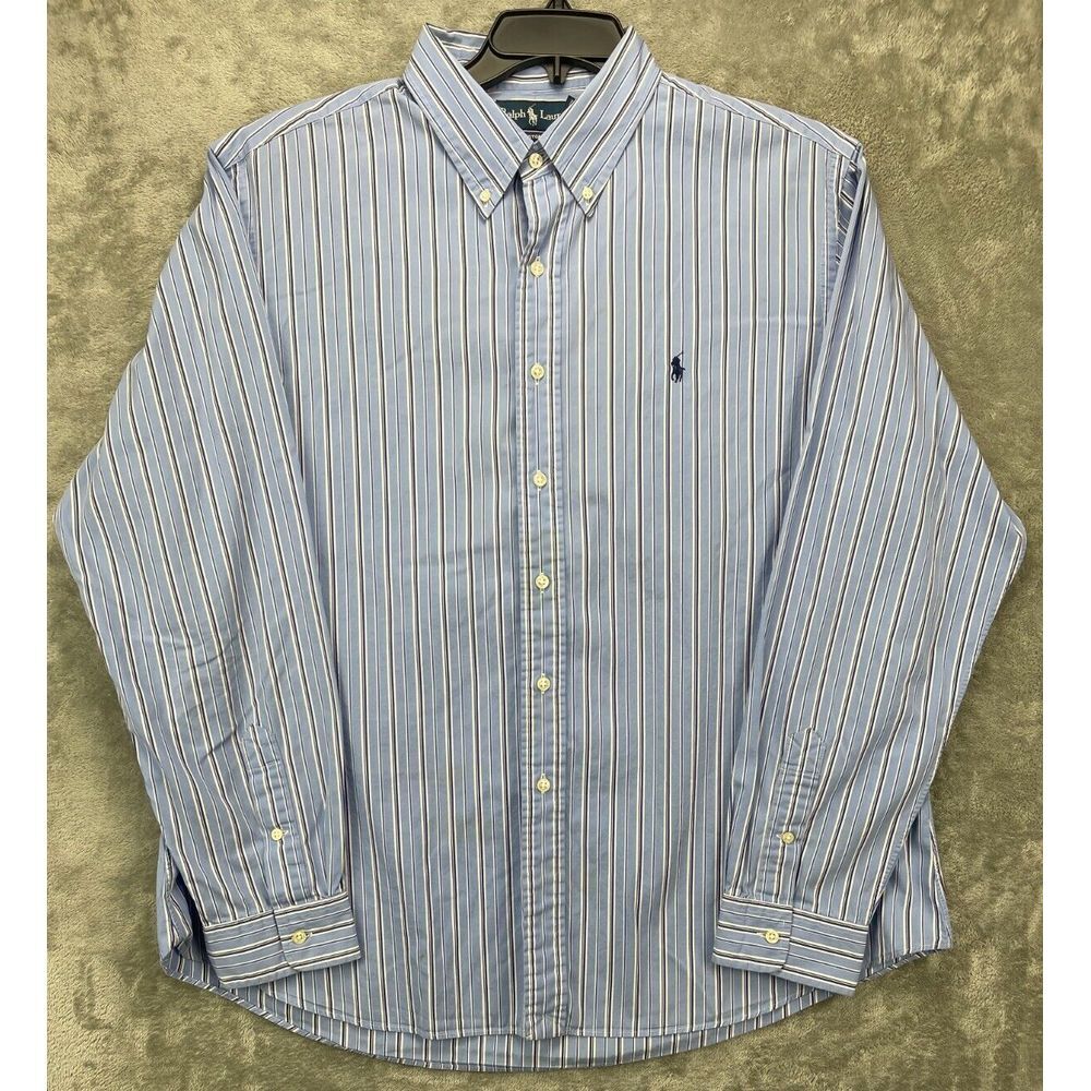 Polo Ralph Lauren Shirt Blue Stripe XXL Long‎ Sleeve Button Up Custom Fit Logo